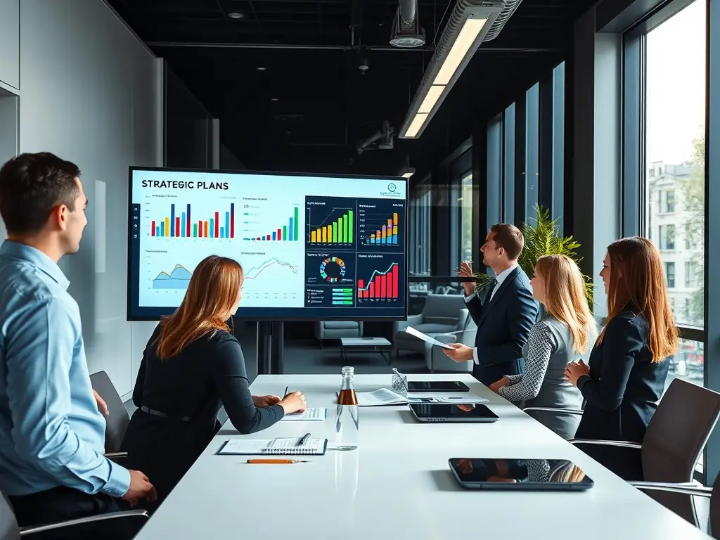 A professional setting with consultants advising automotive executives, reviewing market data, and discussing strategic initiatives, illustrating Phoenix Nexus's strategic advisory services.