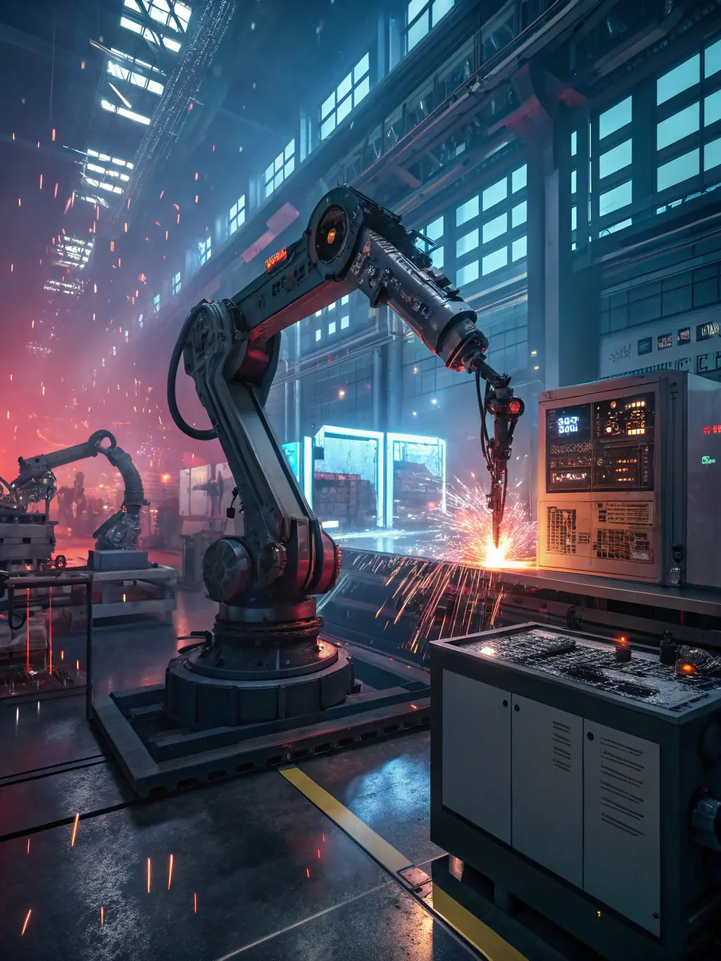 A futuristic image of an AI-powered automation system optimizing a car manufacturing process, illustrating Phoenix Nexus's AI-driven automation capabilities.
