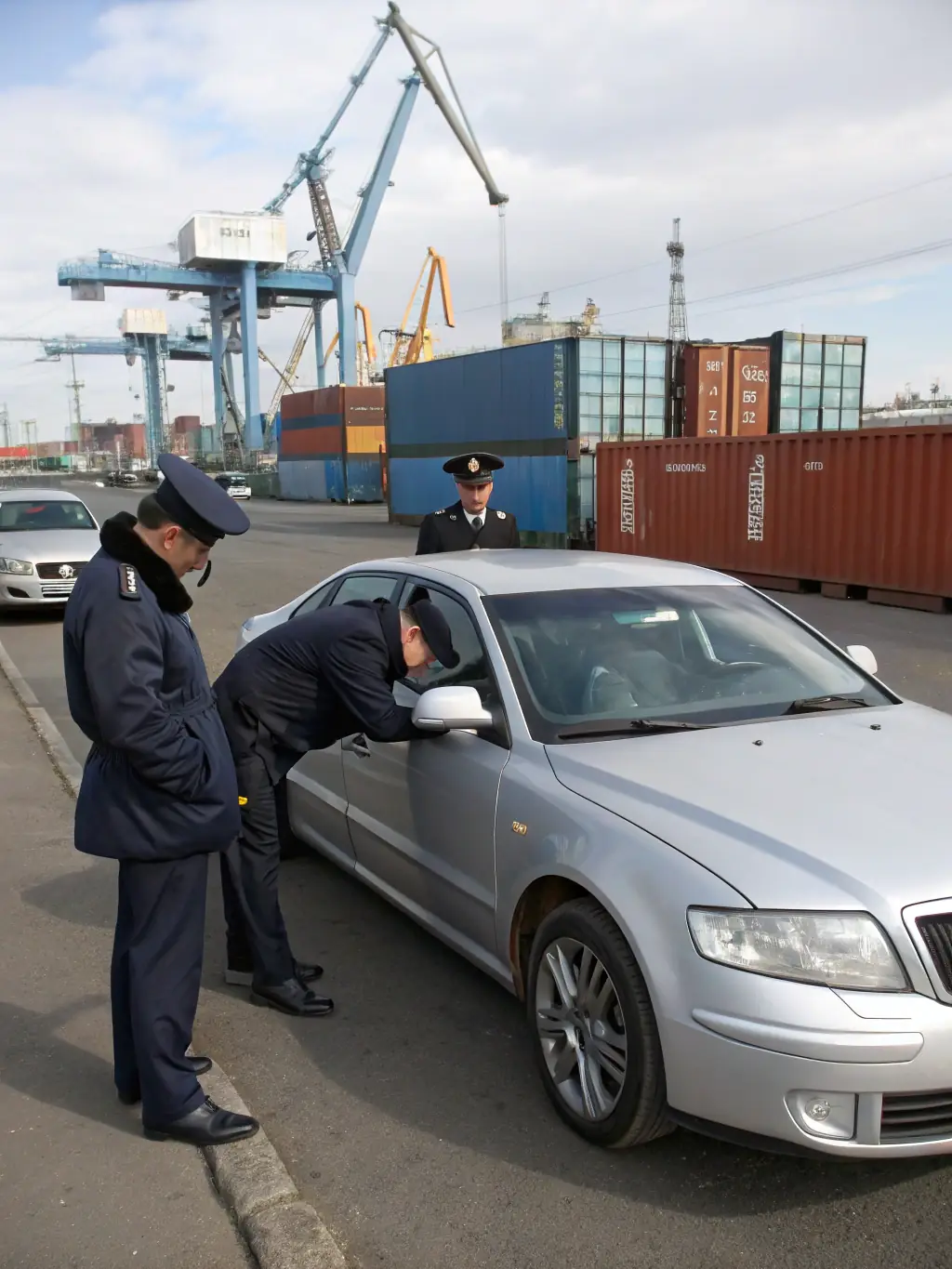 A professional photo of a luxury car being prepared for export, with customs officials in the background, symbolizing Phoenix Nexus's vehicle export assistance services.