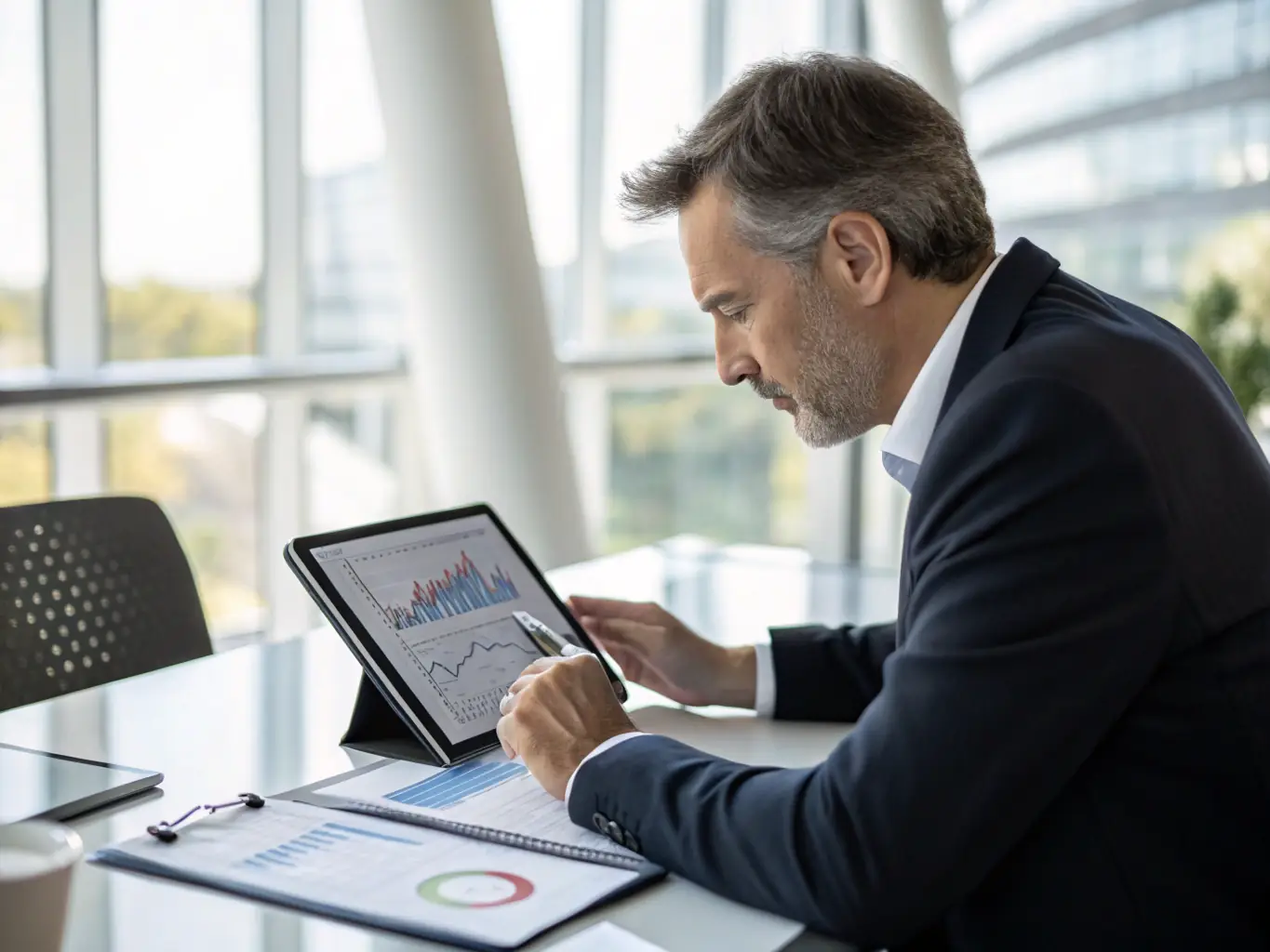A consultant deeply engrossed in analyzing automotive market data on a digital tablet, set against the backdrop of a modern office with blurred city lights visible through the window.