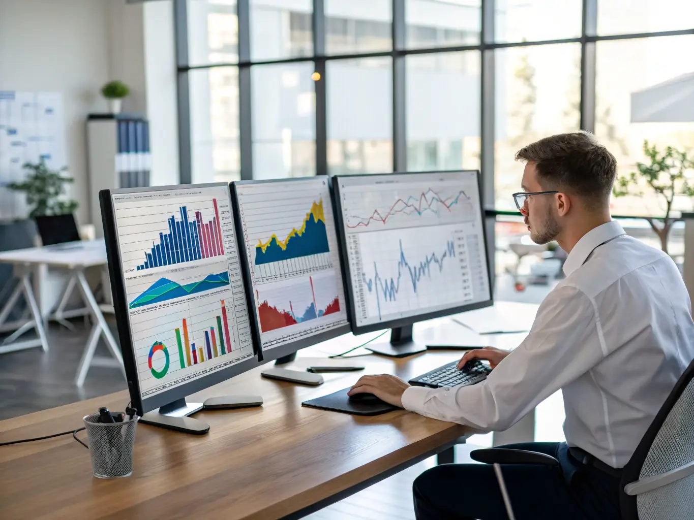 A consultant working with advanced data analytics software, showcasing Phoenix Nexus's commitment to data-driven decision-making in the automotive sector.