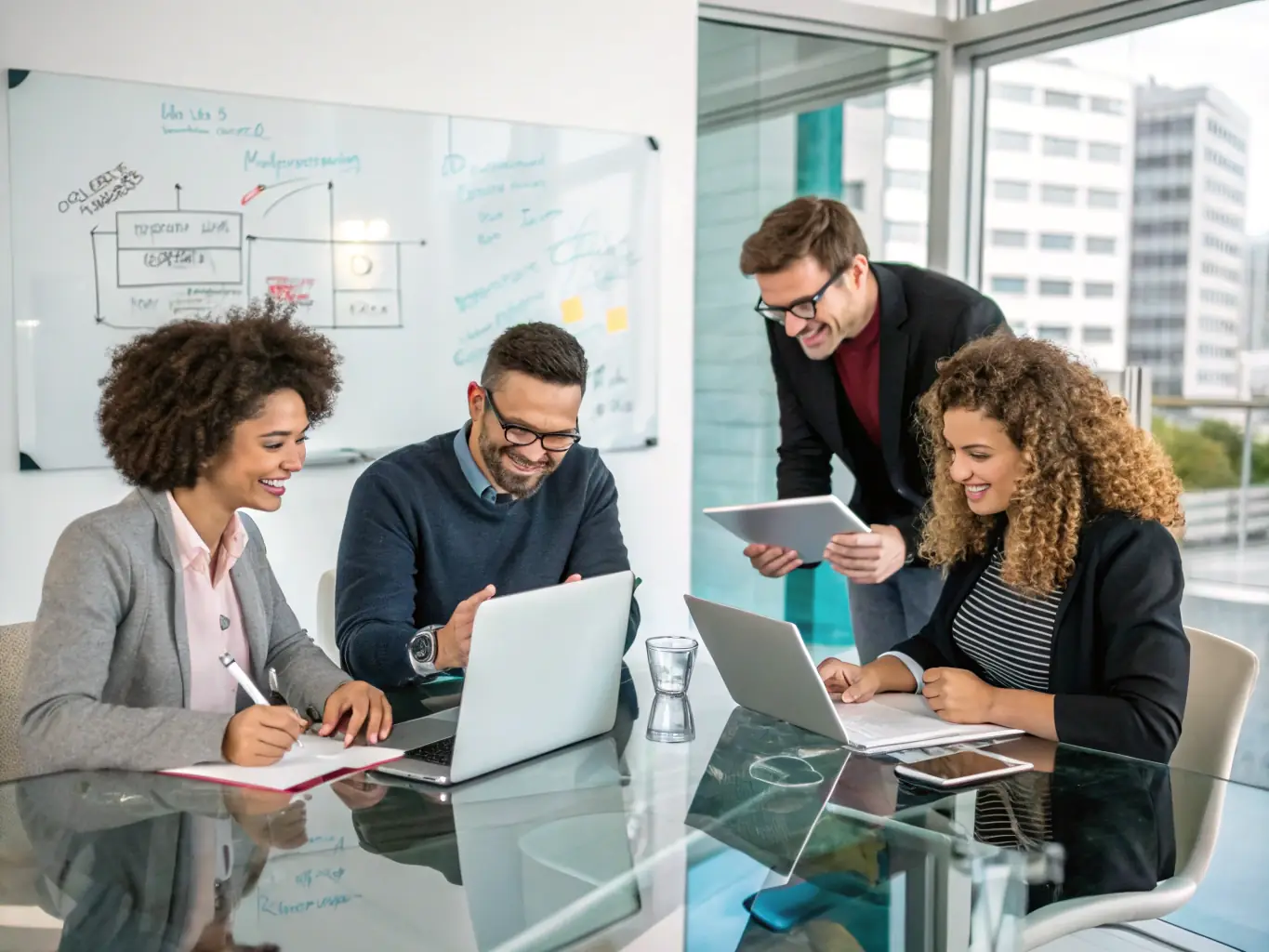 A diverse team of consultants brainstorming ideas in a modern office, representing Phoenix Nexus's collaborative and innovative approach to problem-solving.