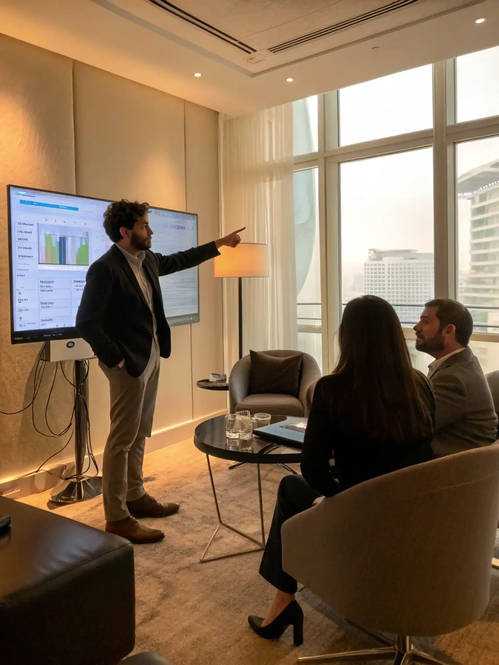 A consultant presenting strategic plans to a client in a modern office setting, illustrating Phoenix Nexus's strategic advisory services.